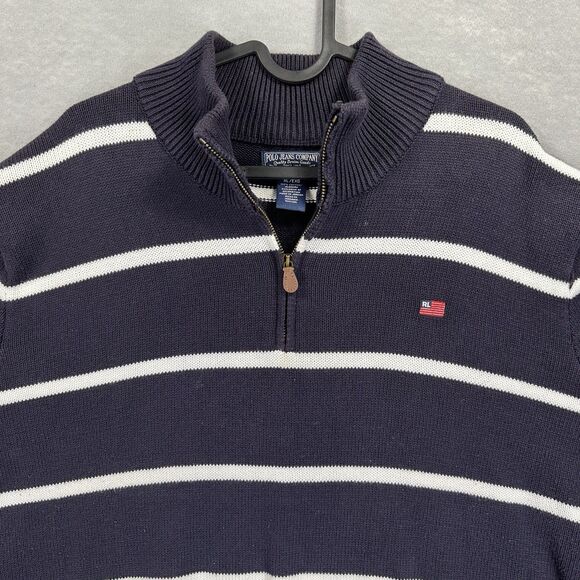 VTG Ralph Lauren Polo Jeans Co Striped 1/4 Zip Pullover Sweater RL Flag Size XL - Picture 4 of 10